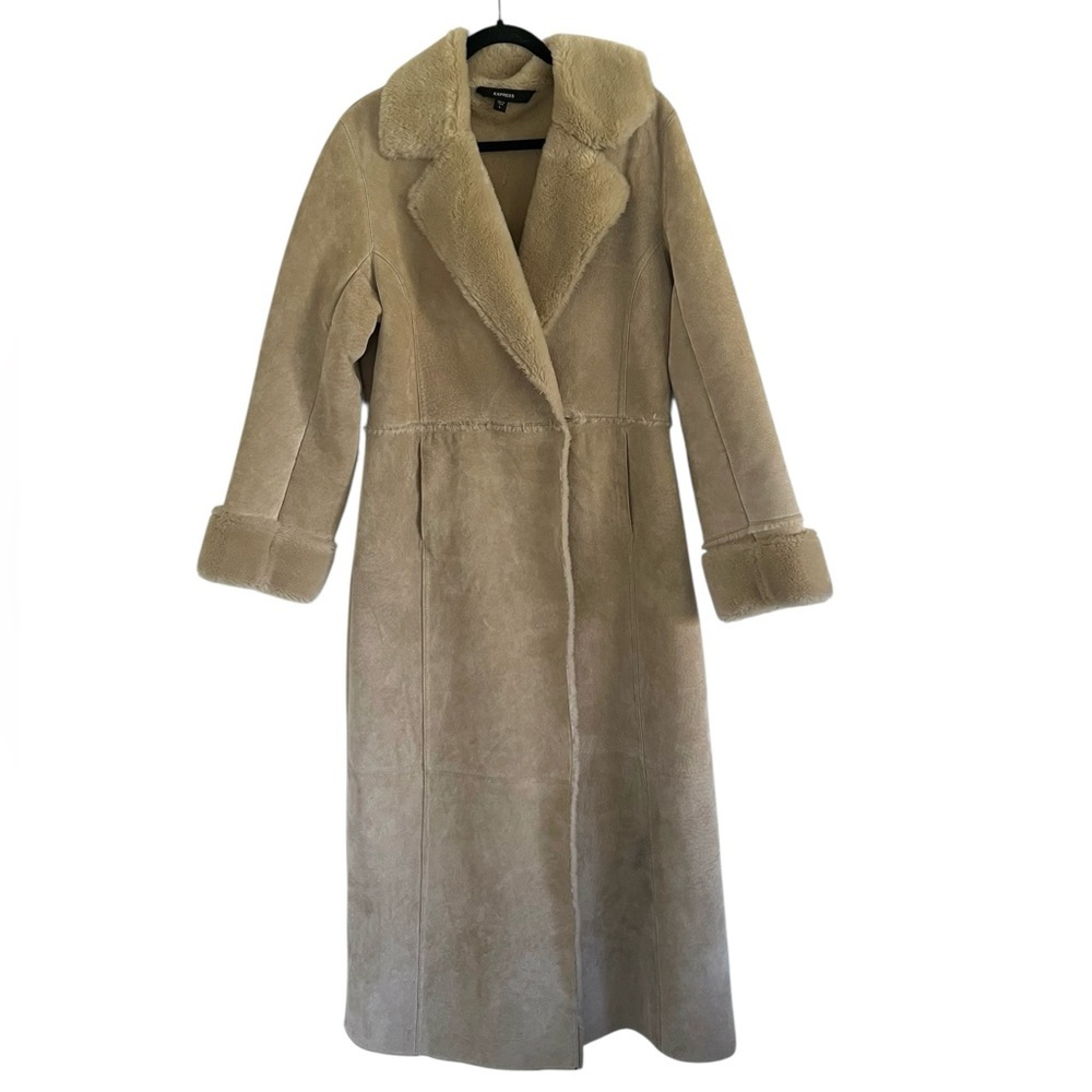Express Beige Y2K Vintage Suede Leather Faux Fur Lined Long Coat Large